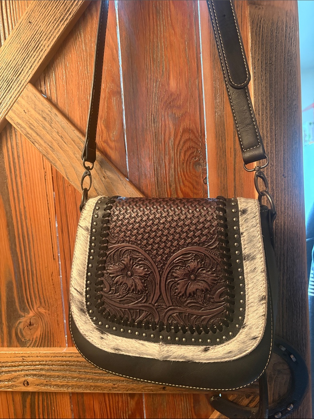 Brown Tooled Leather and Hair-On Crossbody Bag with Stud Detailing